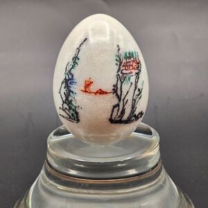 White Marble Egg Etched Hand Painted Asian Water Landscape Scene Vintage